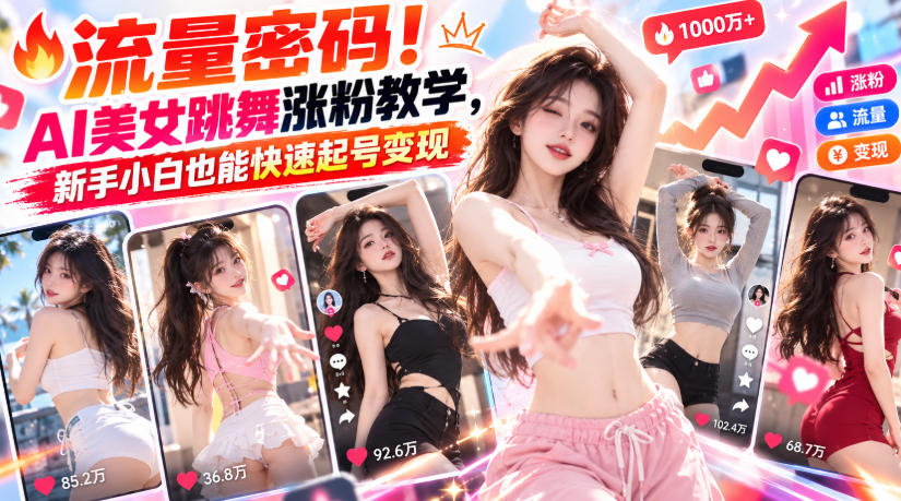 流量密码！AI美女跳舞涨粉教学，新手小白也能快速起号变现-聊项目