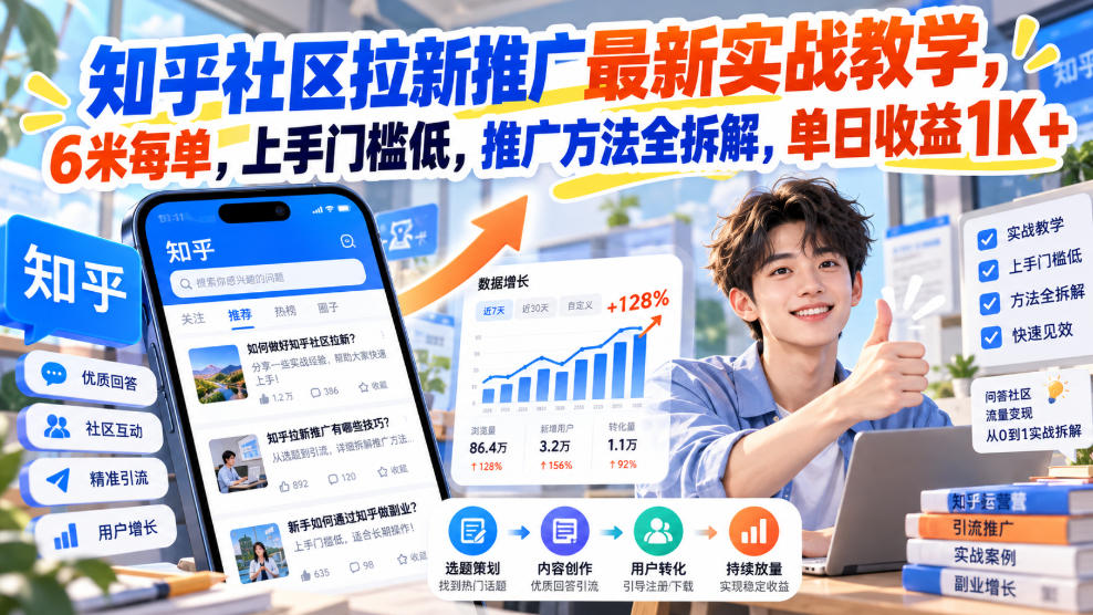 知乎社区拉新推广最新实战教学，6米每单，上手门槛低，推广方法全拆解，单日收益1K+！(更新1030)-聊项目