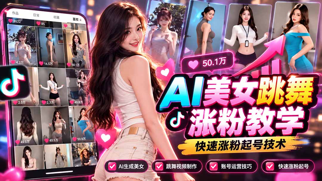 AI美女跳舞涨粉教学,AI生成美女,跳舞视频制作,账号运营与快速起号涨粉-聊项目