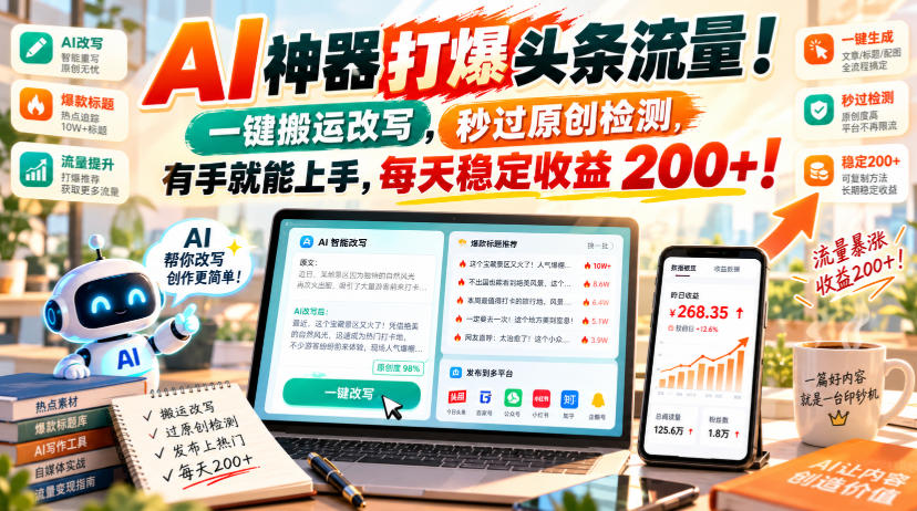 AI神器打爆头条流量，一键搬运改写，秒过原创检测，有手就能上手，每天稳定收益200+！【揭秘】-聊项目